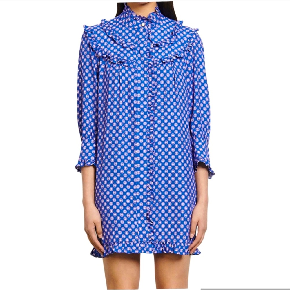 Sandro Dolly Embellished Ruffled Printed Jacquard Mini Dress - Size 36